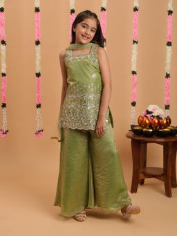 Tiny Kingdom - Girls Green Palazzo With Top & Dupatta