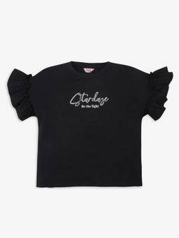 R&B - Girls Black Typography Round Neck Half Sleeves Top