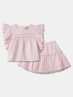 R&B - Girls Pink Embroidered Ruffled Sleeves Round Neck Skirt & Top