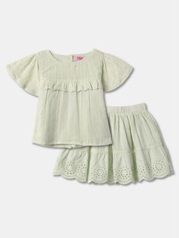 R&B - Girls Green Embroidered Ruffled Sleeves Round Neck Skirt & Top