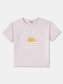 R&B - Girls Purple Printed Round Neck Half Sleeves Top
