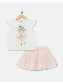 R&B - Girls Off White Half Sleeves Round Neck Regular Fit Top & Skirt