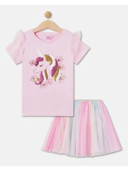 R&B - Girls Pink Half Sleeves Round Neck Regular Fit Top & Skirt