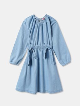 R&B - Girls Blue Solid Round Neck Puff Sleeves Flare Knee Length Dress