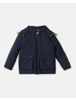 R&B - Girls Navy Blue Solid Full Sleeve Hooded Puffer Jacket