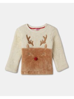 R&B - Girls Cream Embroidered Full Sleeve Round Neck Cotton Sweater