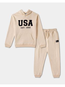 R&B - Boys Beige Full Sleeves Hooded Relaxed Fit Co-Ord Set