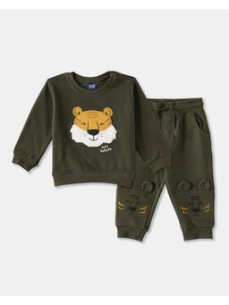 R&B - Boys Olive Full Sleeves Round Neck Relaxed Fit Co-Ord Set