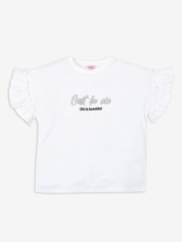R&B - Girls White Printed Round Neck Half Sleeves Top