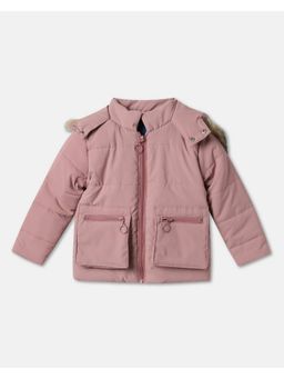 R&B - Girls Pink Solid Full Sleeve Hooded Puffer Jacket