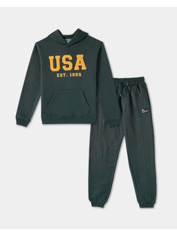 R&B - Boys Green Full Sleeves Hooded Relaxed Fit Co-Ord Set