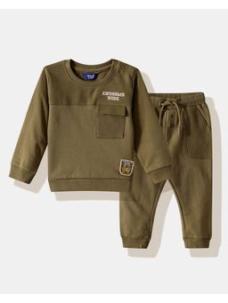 R&B - Boys Olive Full Sleeves Round Neck Relaxed Fit Co-Ord Set