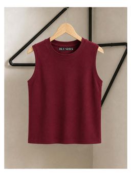 BLUSHES - 100% Cotton Knit Sleeveless Solid T-shirt - Maroon