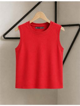 BLUSHES - 100% Cotton Knit Sleeveless Solid T-shirt - Red