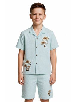 CAVIO - Boys Tropical Palm Tree Placement Embroidered Blue Co-ord Set