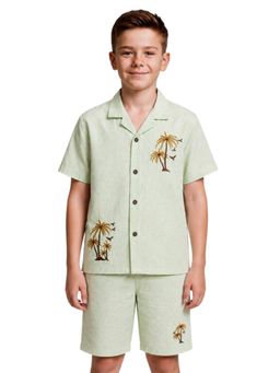 CAVIO - Boys Tropical Palm Tree Placement Embroidered Green Co-ord Set