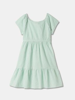 R&B - Girls Green Striped Round Neck Cap Sleeves A-Line Knee Length Dress