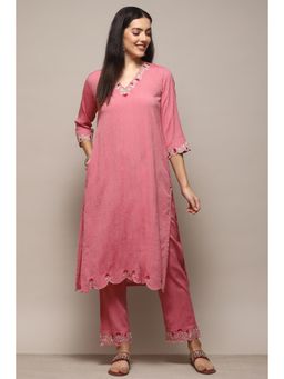 Biba - Pink Poly Viscose Straight Kurta With Pant (Set of 2)