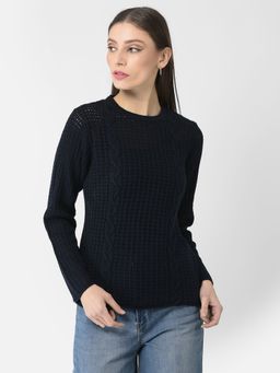 CRIMSOUNE CLUB - Women Navy Blue Embroidered Sweater