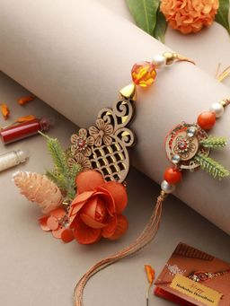 Saraf RS Jewellery - Orange Stones & pearl Beaded Handcrafted Lumba Rakhi Set With Roli Chawal