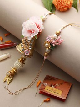 Saraf RS Jewellery - Set Of 2 Pink Flower & Pearl Beaded Handmade Rakhi Lumba Set
