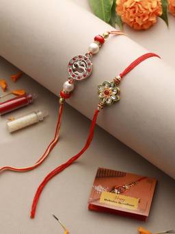 Saraf RS Jewellery - Set of 2 Kundan Studded OM Thread Rakhi with Roli Chawal