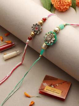 Saraf RS Jewellery - Set of 2 Kundan & Pearl Beaded Rakhi with Roli Chawal