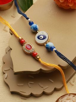 Saraf RS Jewellery - Set Of 2 Evil Eye & Red Kundan Studded Rakhi with Roli Chawal