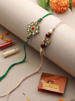 Saraf RS Jewellery - Set Of 2 Kundan & Pearl Beaded handcrafted Rakhi with Roli Chawal