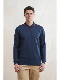 Louis Philippe - Men Navy Blue Solid/Plain Cotton Polo T-Shirt