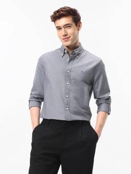 Tommy Hilfiger - Men Grey Solid/Plain Cotton Shirt