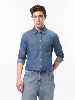 Tommy Hilfiger - Men Blue Solid/Plain Cotton Shirt