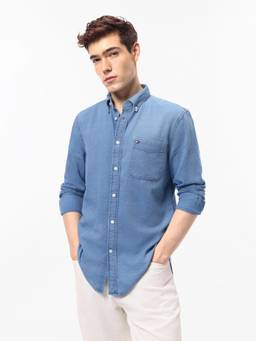 Tommy Hilfiger - Men Blue Solid/Plain Cotton Shirt