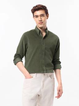 Tommy Hilfiger - Men Olive Solid/Plain Cotton Shirt