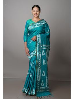 Unnati Silks - Turquoise Pure Batik Chanderi Silk Saree with Unstitched Blouse