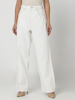 R&B - Women White Cotton Wide-Leg High-Rise Solid Jeans