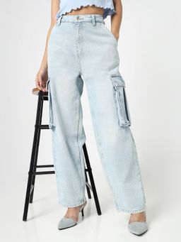 R&B - Women Blue Cotton Relaxed High-Waist Lightly Faded Wide-Leg Jeans