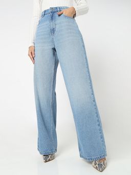 R&B - Women Blue Cotton High-Rise Wide-Leg Lightly Faded Jeans