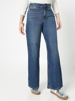 R&B - Women Blue Denim High-Rise Wide-Leg Clean Look Jeans