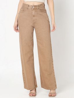 R&B - Women Brown Cotton Blend High-Waist Wide-Leg Clean Look Jeans