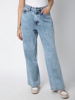 R&B - Women Blue Cotton Relaxed High-Waist Stonewashed Wide-Leg Jeans