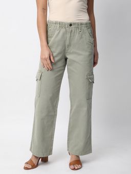 R&B - Women Olive Cotton High-Rise Relaxed Fit Dyed Cargo Jeans