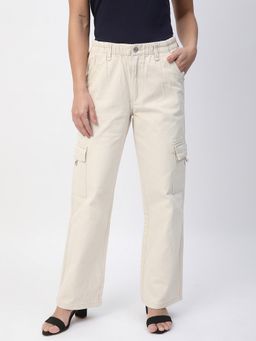 R&B - Women Beige Cotton High-Waist Relaxed Fit Clean Look Jeans