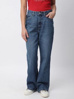 R&B - Women Blue Cotton Relaxed High-Waist Clean Look Wide-Leg Jeans