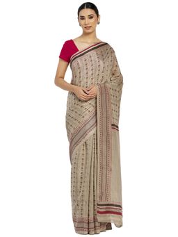 Fabindia - Viscose Hand Block Print Saree without Blouse - Beige