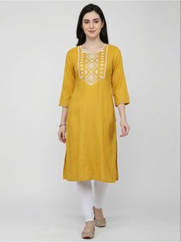 R&B - Women Yellow Cotton Embroidered Straight Kurta
