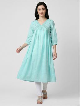 R&B - Women Blue Cotton Embroidered Flared Kurta