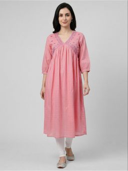 R&B - Women Pink Cotton Embroidered Flared Kurta