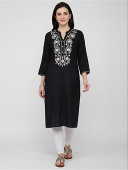 R&B - Women Black Cotton Embroidered Straight Kurta