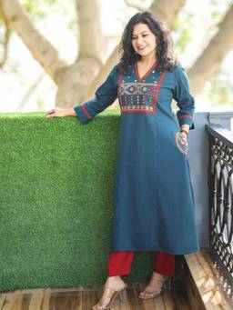 DESI SANDOOK - Women Teal Thread Embroidered V Neck with Patra Work Kurta